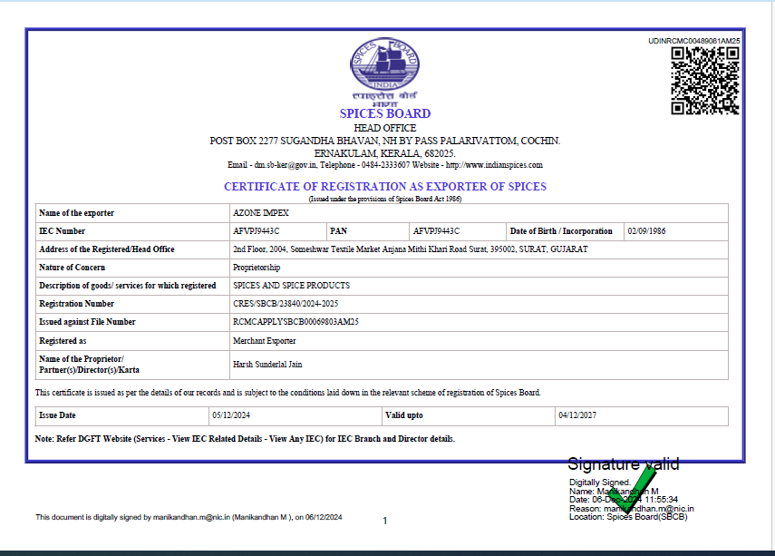<p>Spice Board Certificate</p>